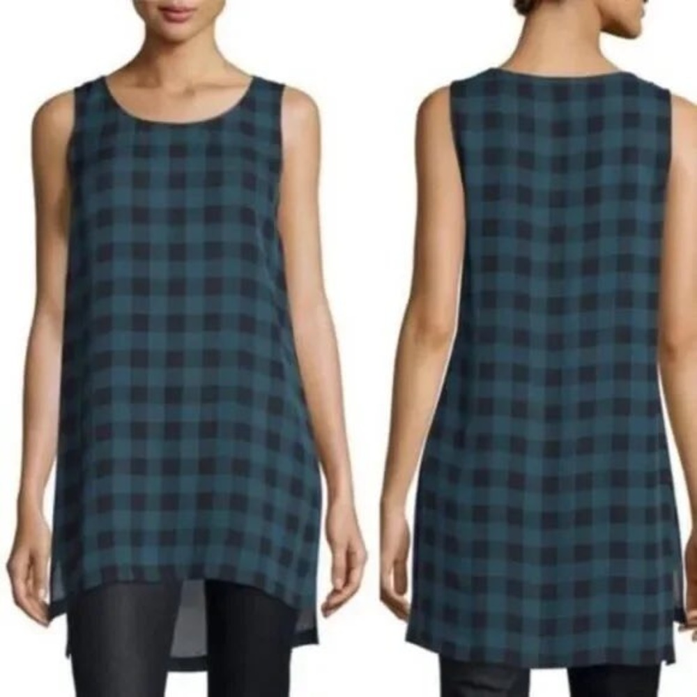 Eileen Fisher Silk Buffalo Check Plaid Tunic Tank Top Teal‎ Black PS F16BFC